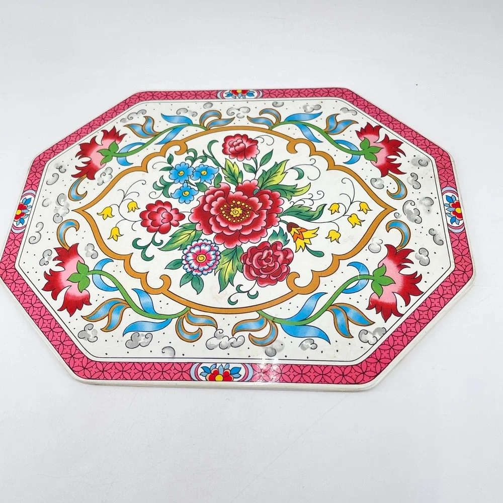 Vtg Octagon Wall Plaque x3 Birds Floral Chinoiserie Asian Decor Metal Laminate